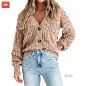 Chunky Knit Cardigan Open Front V Neck Button Loose Fit Sweater Fall Winter